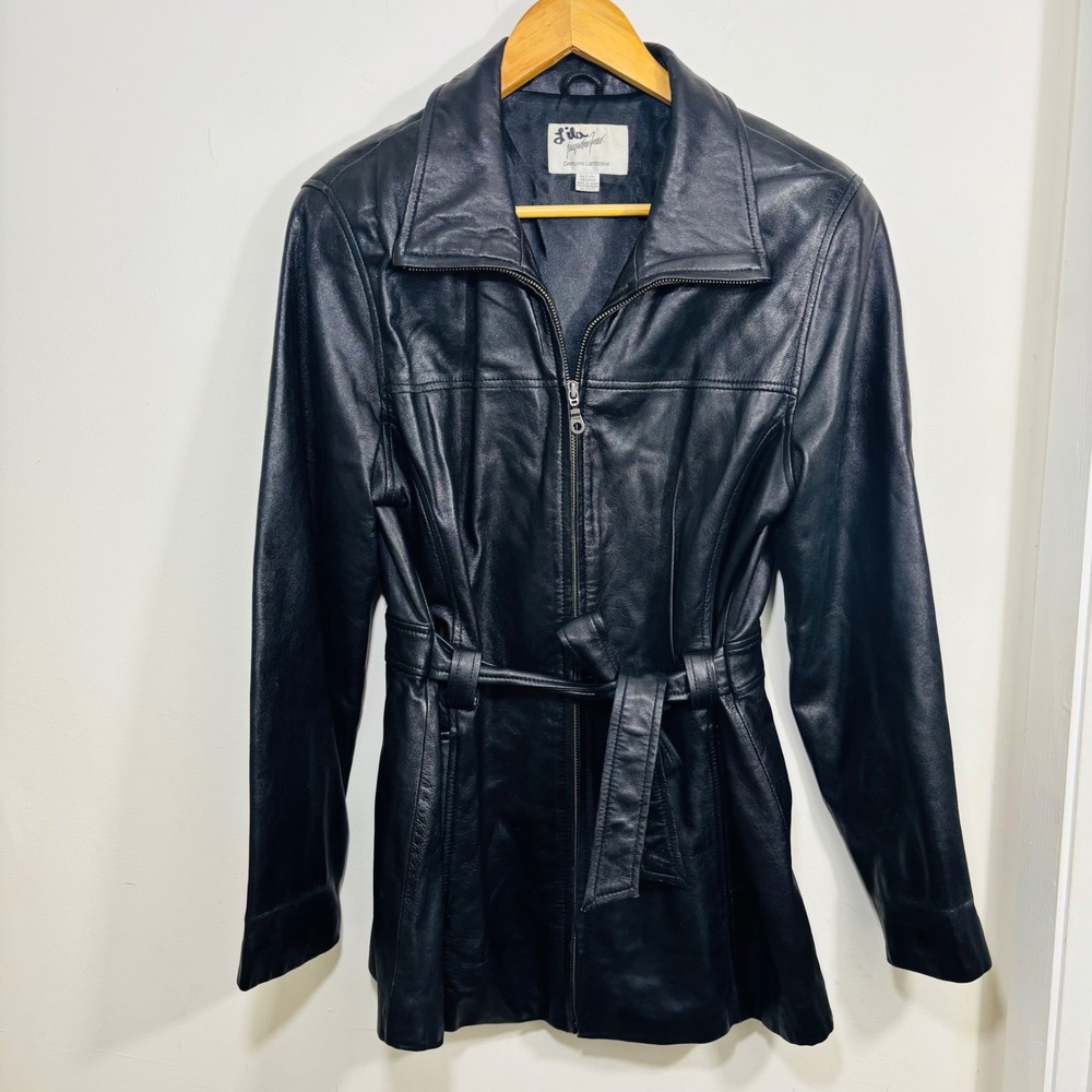 VTG Jacqueline Ferrar Women's Black Genuine Leather Jacket Belted Zip Sz Medium